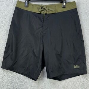 Rei Board Shorts Mens Medium Black Green Drawstring Pocket Logo Swimwear Outdoor